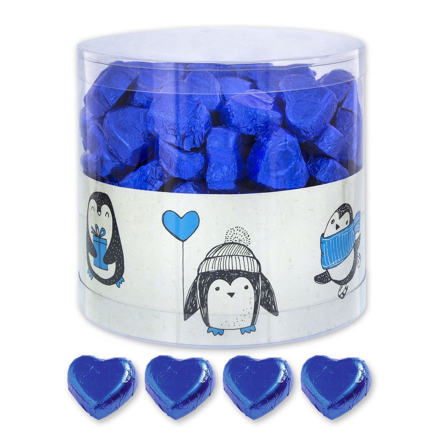 Ausverkauft - 1 Box gefüllt mit 150 Schokolade Herzen, blau | Pinguine
