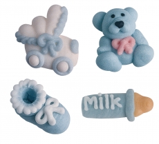 Zuckerfiguren für Taufe & Babyparty | blau mit Streudeko