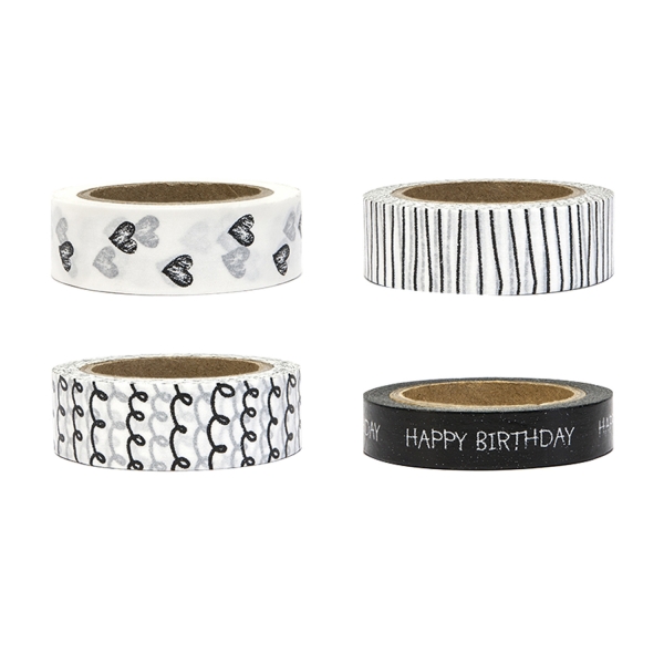 500 4A Washi Tapes Schwarz Weiss Herzen partydeco Geburtstag