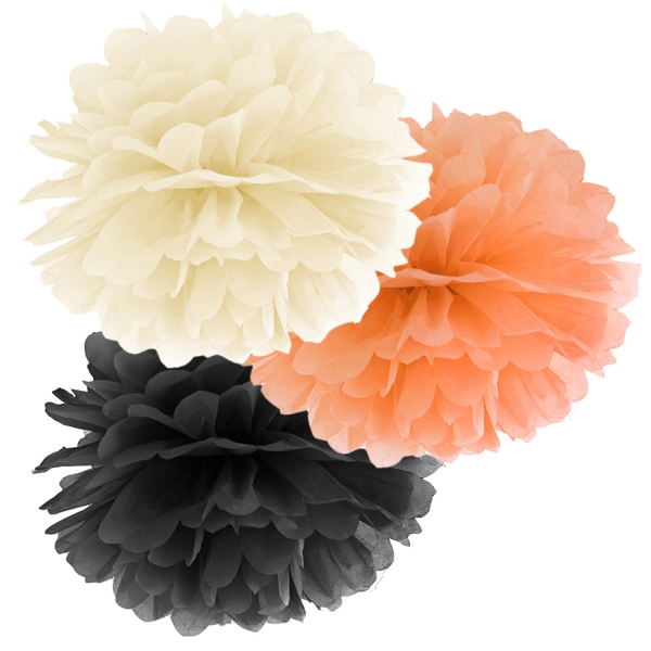 508 107 partydeco Frühling / Sommer Schwarz, Orange und Creme PomPom Set