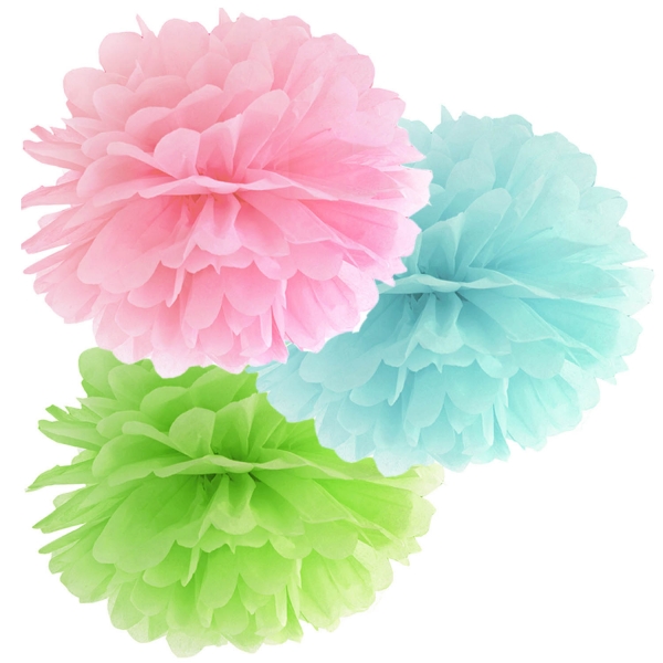 508 108 partydeco Frühling / Sommer Grün, blau und rosa PomPom Set