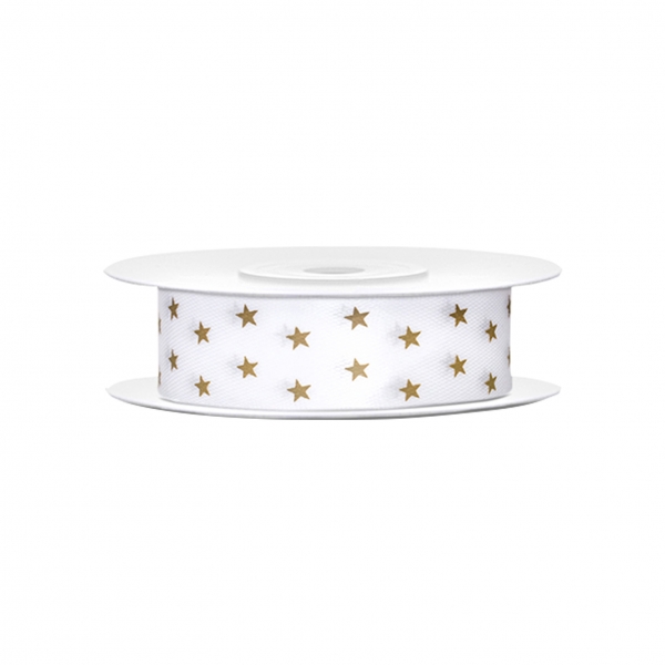 Satinband weiß mit goldenen Sternen B:18 mm, L: 10 m