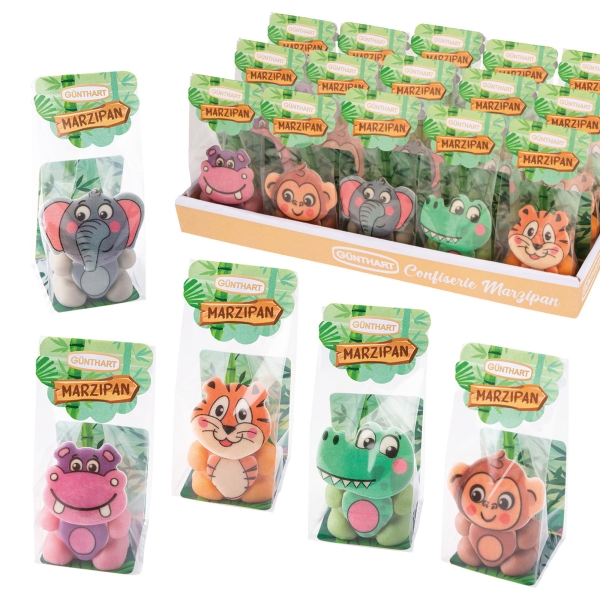 60144Artikelbild Günthart Marzipanfiguren 15 Stück Günthart Marzipan Tiere Dschungel im Cellophan Beutel