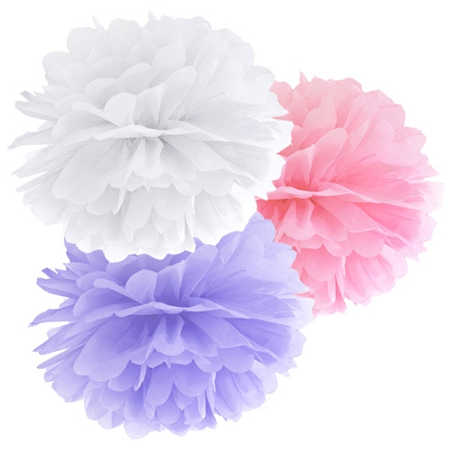 Pompom Set Weiss Rosa Flieder 508 100 partydeco Backwelt Prinzessin Weiß, rosa und flieder PomPom Set