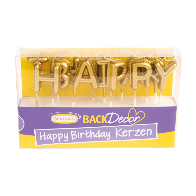 BackDecor Happy Birthday Wachskerzen, gold 