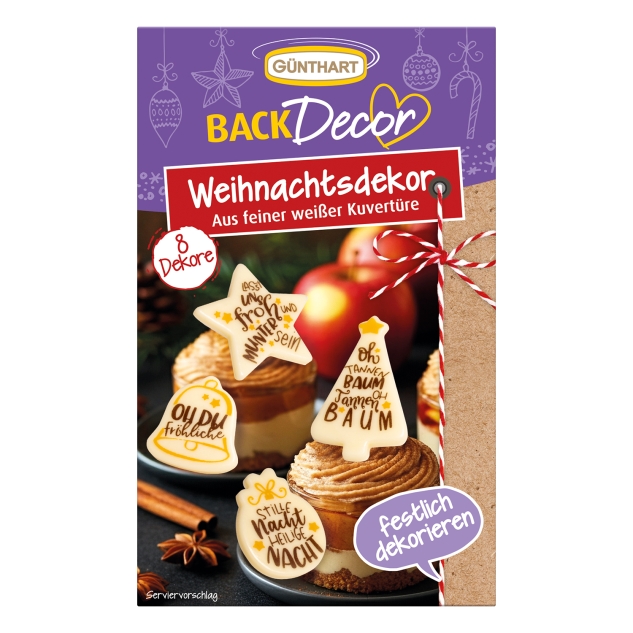 Günthart 15 x 8 Stück Weihnachtsdekor aus feiner weißer Kuvertüre bedruckt mit Weinhachtslied Texte 