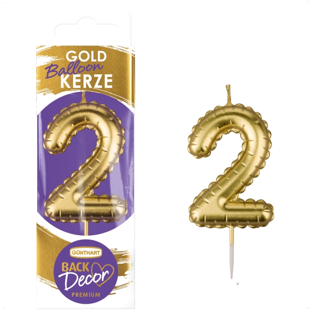 Backdecor Wachskerze gold in Ballon Form mit der Nr. 2 für festliche Tortendekorationen 