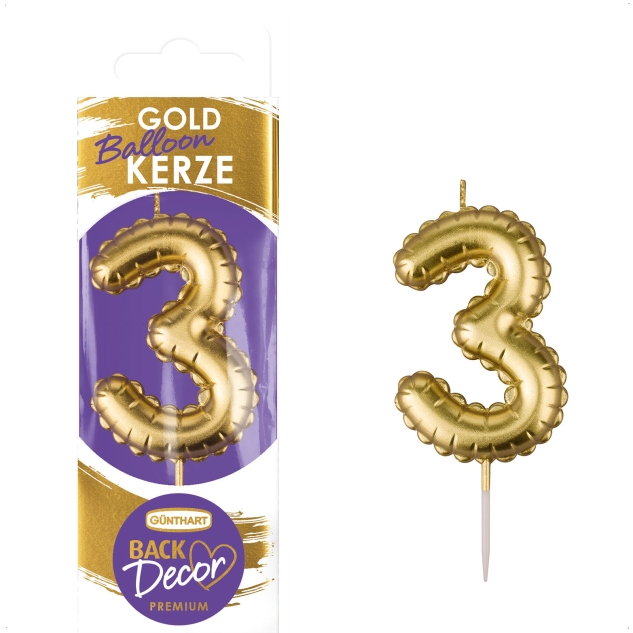 Backdecor Wachskerze gold in Ballon Form mit der Nr. 3 für festliche Tortendekorationen 