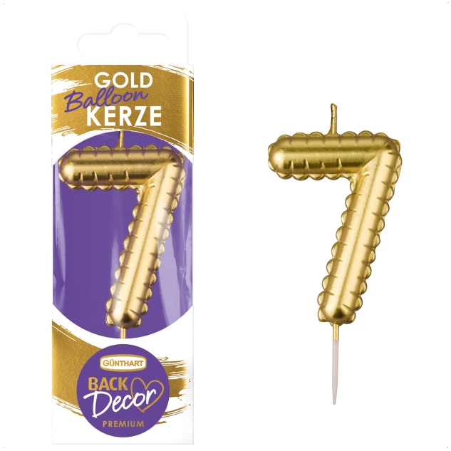 Backdecor Wachskerze gold in Ballon Form mit der Nr. 7 für festliche Tortendekorationen 