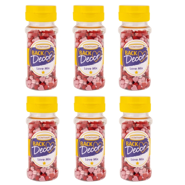 Günthart BackDecor 6 Stück Streudeko Love Mix Zuckerstreudekor mit kleinen Zuckerherzen 360 gr 
