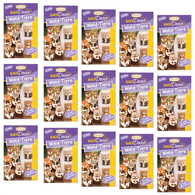 BackDecor 1 VKE 15 x 6 Stück essbare Farm Zuckerdekore als Igel, Eichhörnchen, Fuchs, Waschbär, Reh und Bär 