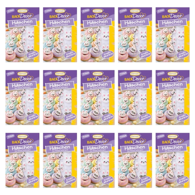 BackDecor 15 x 9 Stück Zucker Häschen Gesicht in verschiedenen Varianten weiß für Ostergebäck und süße Dekoration 