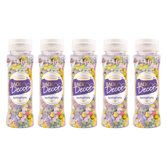 Günthart 5 Stück Streudekor Spring Mix bunt Material Zucker für Tortendekoration und Dessertdekoration 