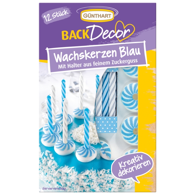 BackDecor 12 Wachskerzen blau-weiß mit Zuckerkerzenhalter - langsam abbrennend 