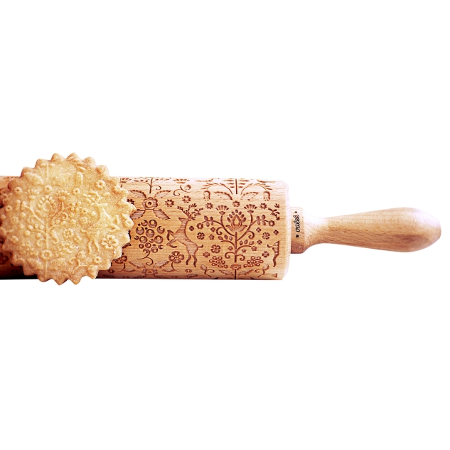 Holz Teigroller mit Beeren & Rentiere Prägung 