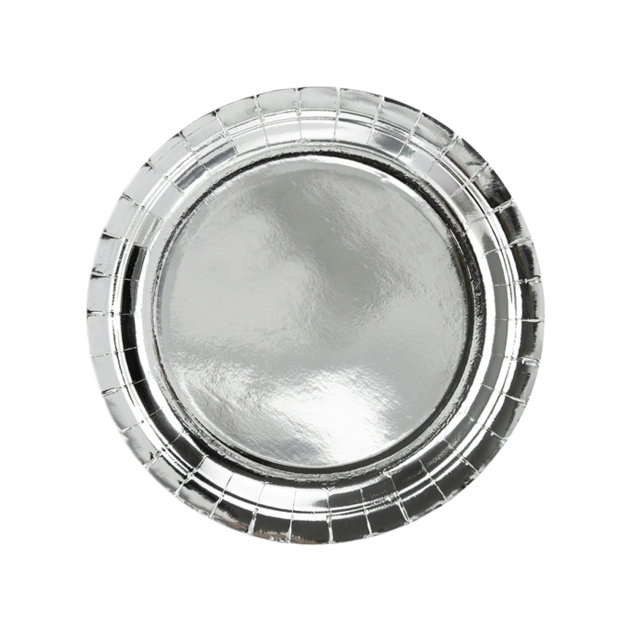 6 runde Pappteller in silber, glänzend, 23cm 