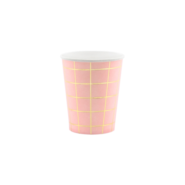 6 Pappbecher in rosa mit goldenem Gitter Muster, 200ml 