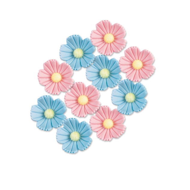 96 Feinzucker Blumen, gross, blau und rosa sortiert 