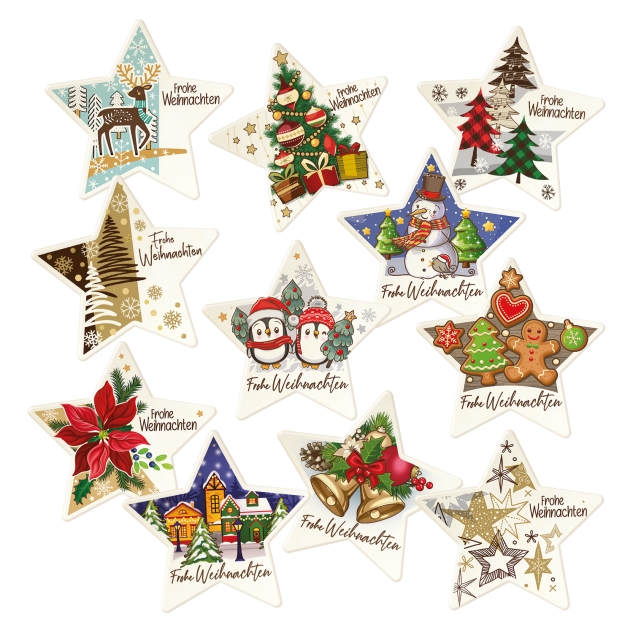 12 Stück Dekor Sterne "Frohe Weihnachten", mit verschiedenen Motiven 