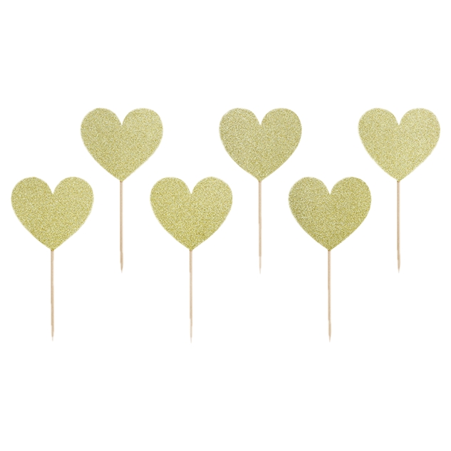 6 Cupcake Einstecker Herzen, goldglitter 