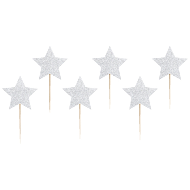 6 Cupcake Einstecker Sterne, silberglitter 