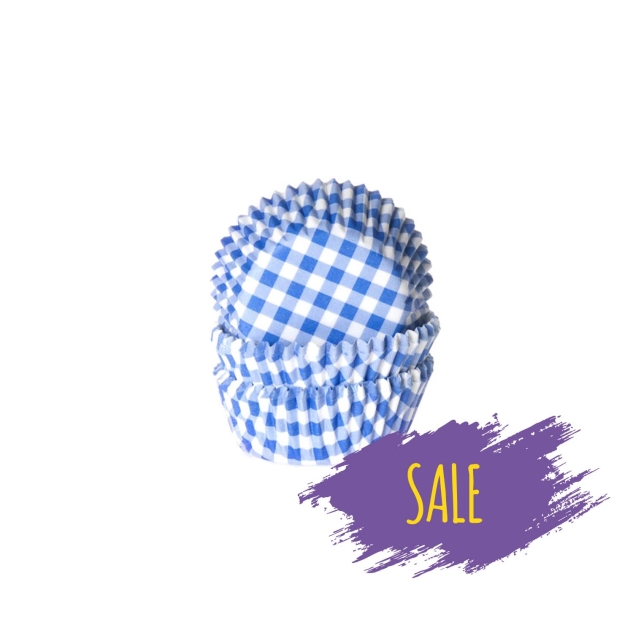 60 Mini Muffinförmchen, blau weiß kariert 