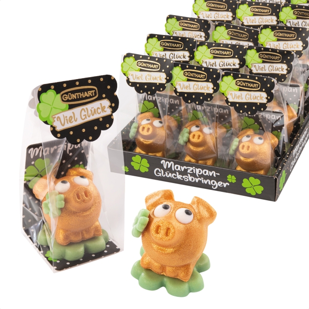 15 Stück Marzipan-Schweinchen gold auf Kleeblatt im Cellophanbeutel 