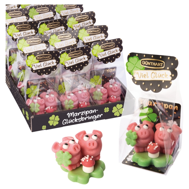 Günthart 15 Marzipan Schweinchen auf Kleeblatt, im Cellophanbeutel 