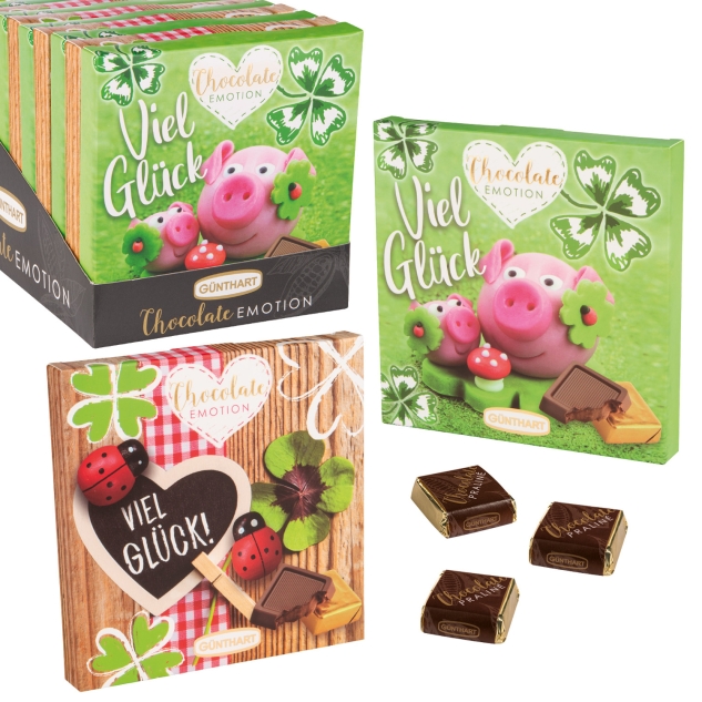 Günthart BackDecor 12 Stück Chocolate Emotion Präsent Viel Glück, feine Vollmilchpralinen zum Verschenken 