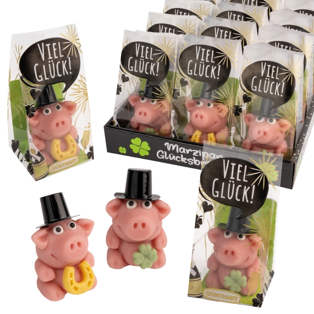 Günthart 15 Stück Marzipan Schwein mit Zylinder und Hufeisen für Neujahr und Glücksdeko 