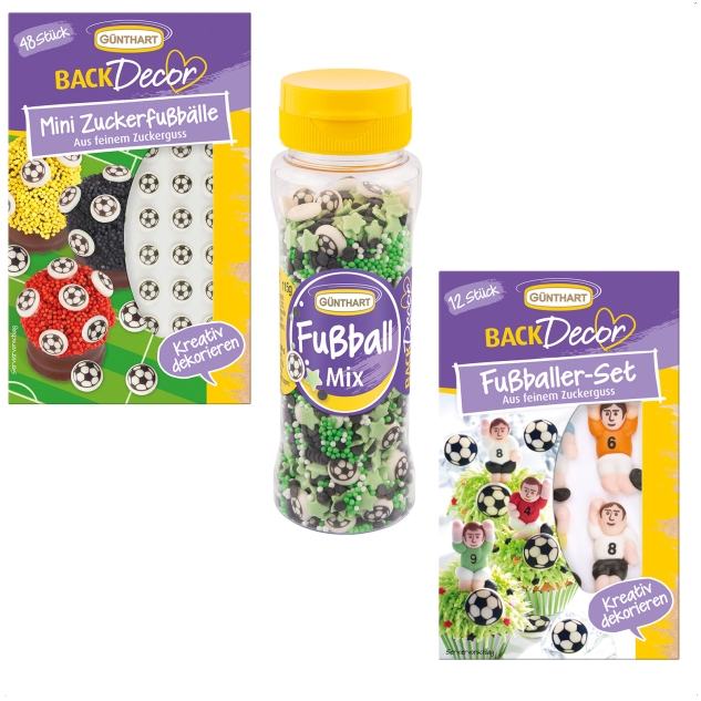 BackDecor Fußball Set 48 Mini Fußbälle, Zucker Fußballer und Fußball Streusel Mix aus Zucker 