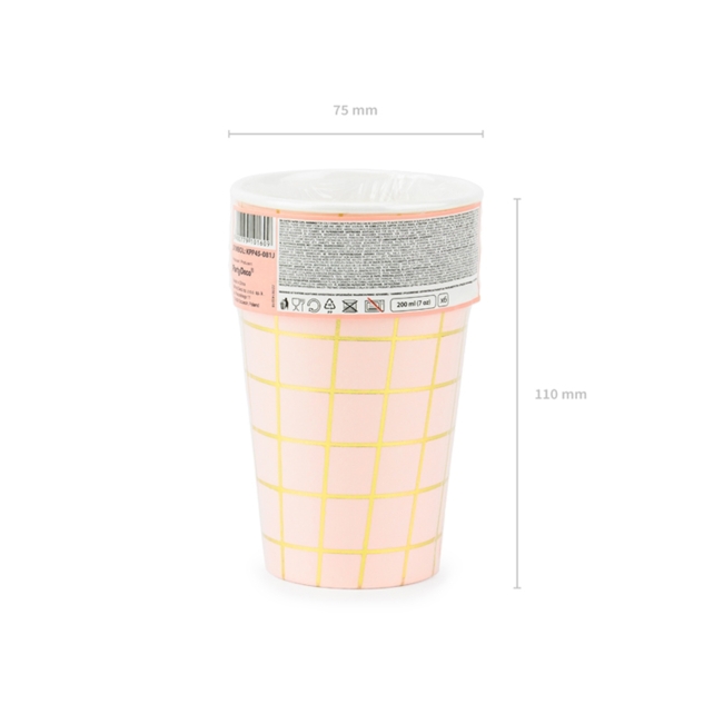 6 Pappbecher in rosa mit goldenem Gitter Muster, 200ml 