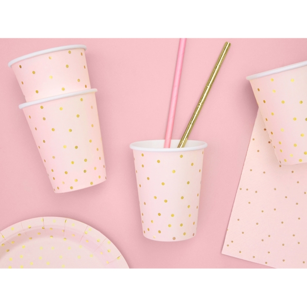 6 rosa Trinkbecher mit Goldpunkten 