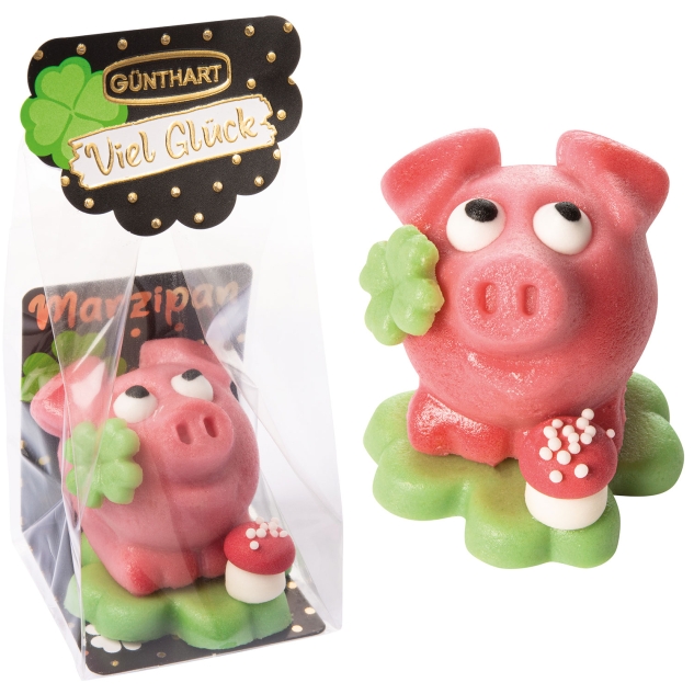 2 Stück Marzipan Schweinchen auf Kleeblatt im Cellophanbeutel 