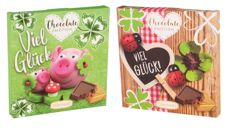 Günthart BackDecor 12 Stück Chocolate Emotion Präsent Viel Glück, feine Vollmilchpralinen zum Verschenken 