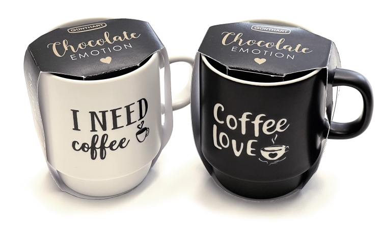 Günthart 12 Stück Tassen in schwarz und weiß mit den Schriftzug I need Coffee und Coffee love 
