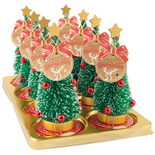 Günthart 16 Weihnachtsbäume auf Pralinentaler mit "Frohe Weihnachten" Anhänger 