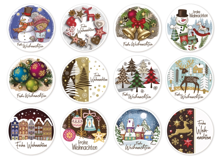 12 Stück Dekorschilder "Frohe Weihnachten", rund, in verschiedenen Motiven 