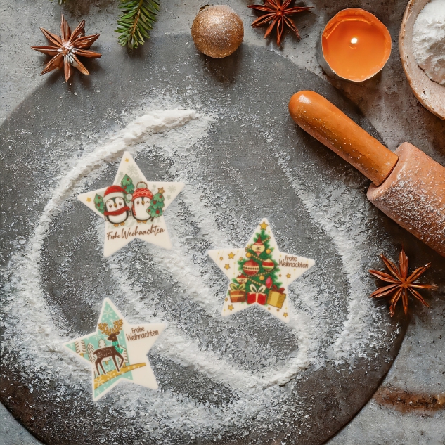 12 Stück Dekor Sterne "Frohe Weihnachten", mit verschiedenen Motiven 