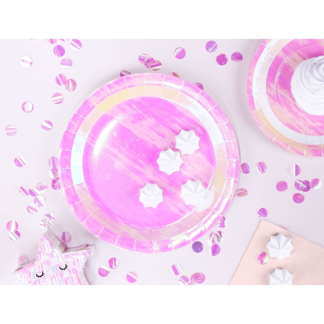 6 runde Pappteller irisierend, rosa, 23cm 