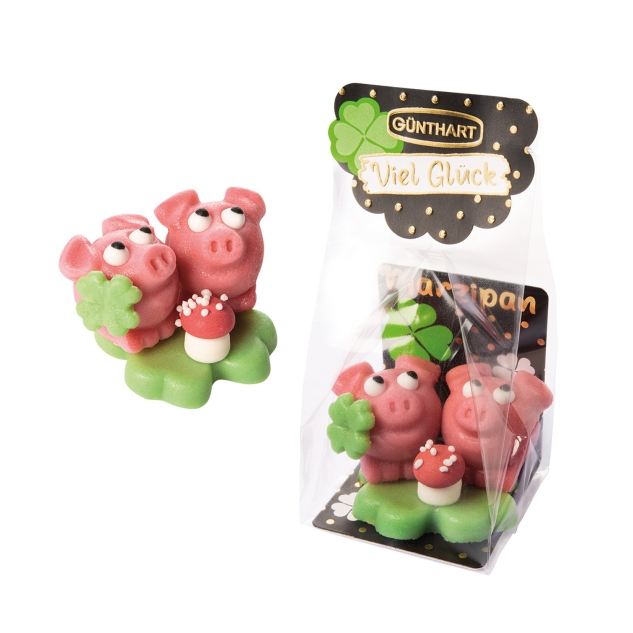 Günthart 15 Marzipan Schweinchen auf Kleeblatt, im Cellophanbeutel 