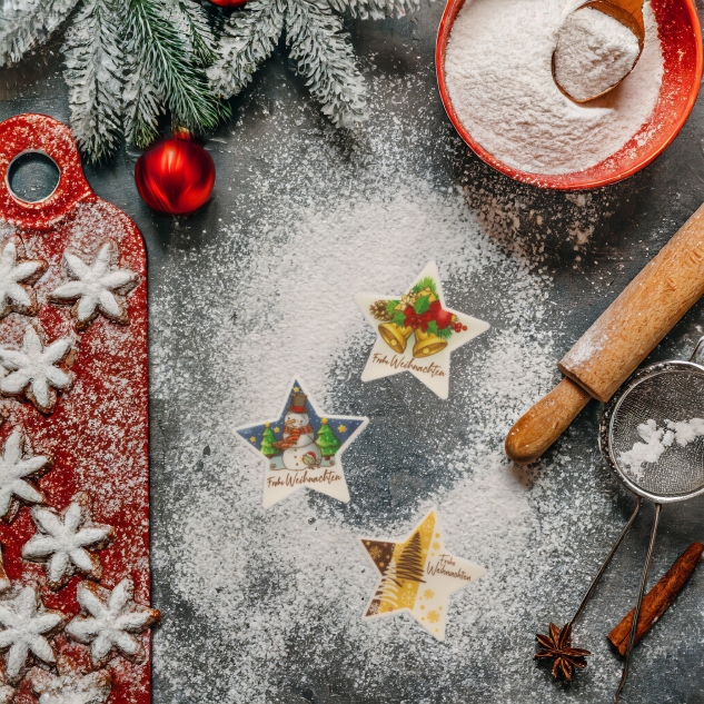 12 Stück Dekor Sterne "Frohe Weihnachten", mit verschiedenen Motiven 