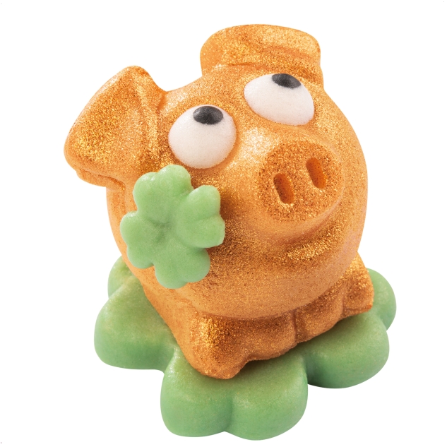15 Stück Marzipan-Schweinchen gold auf Kleeblatt im Cellophanbeutel 
