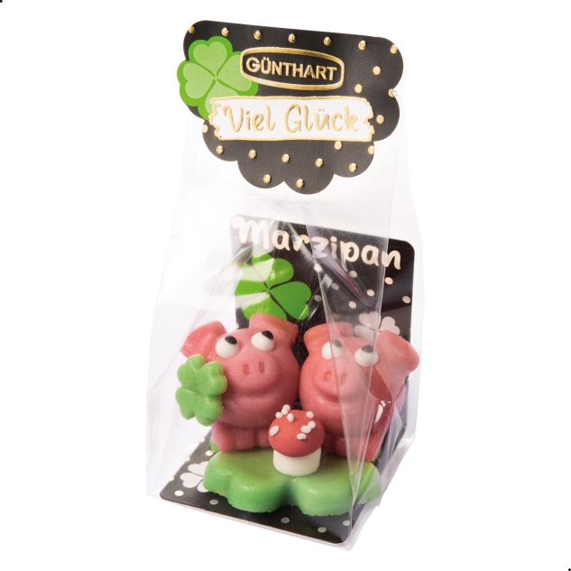Günthart 15 Marzipan Schweinchen auf Kleeblatt, im Cellophanbeutel 