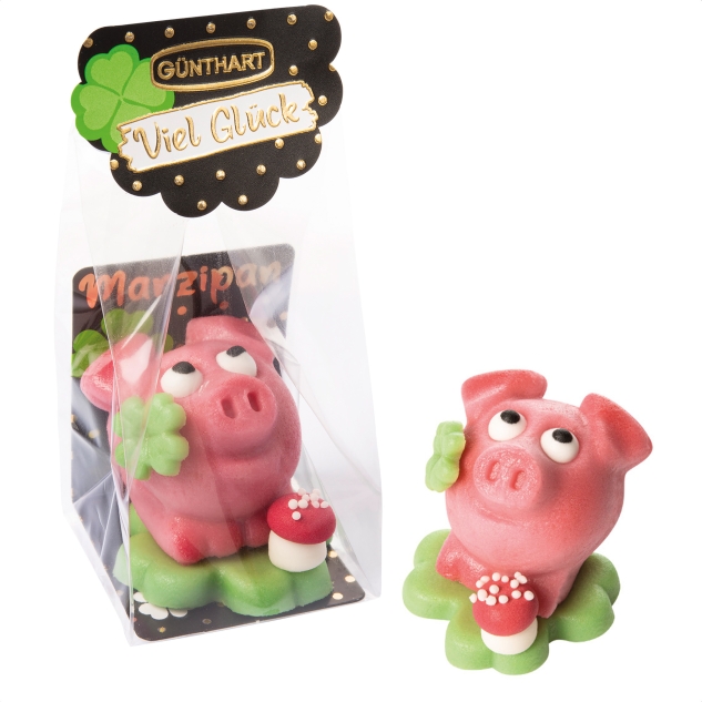 2 Stück Marzipan Schweinchen auf Kleeblatt im Cellophanbeutel 