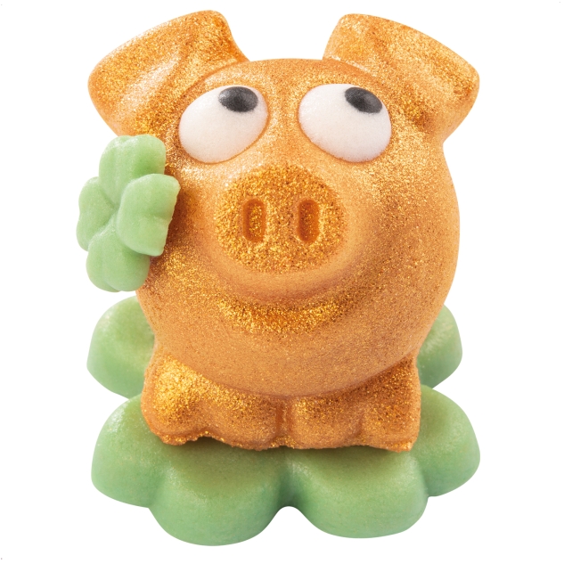 15 Stück Marzipan-Schweinchen gold auf Kleeblatt im Cellophanbeutel 