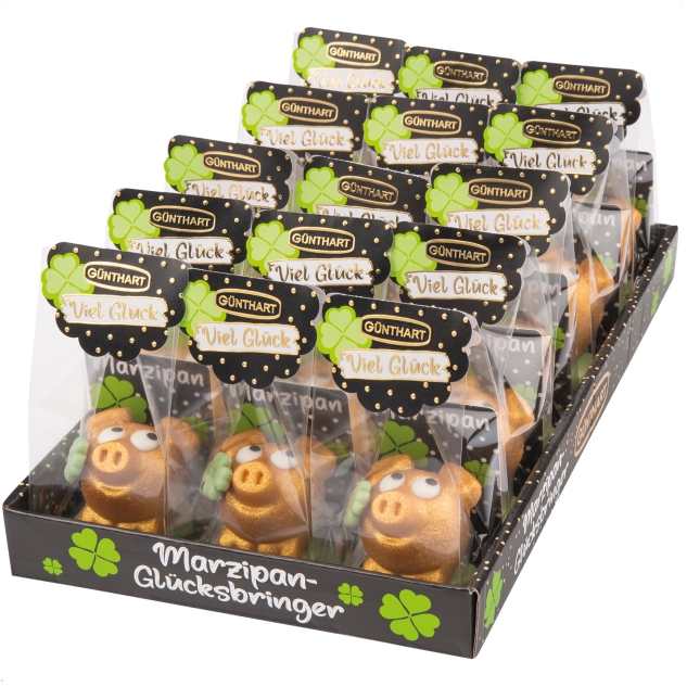 15 Stück Marzipan-Schweinchen gold auf Kleeblatt im Cellophanbeutel 