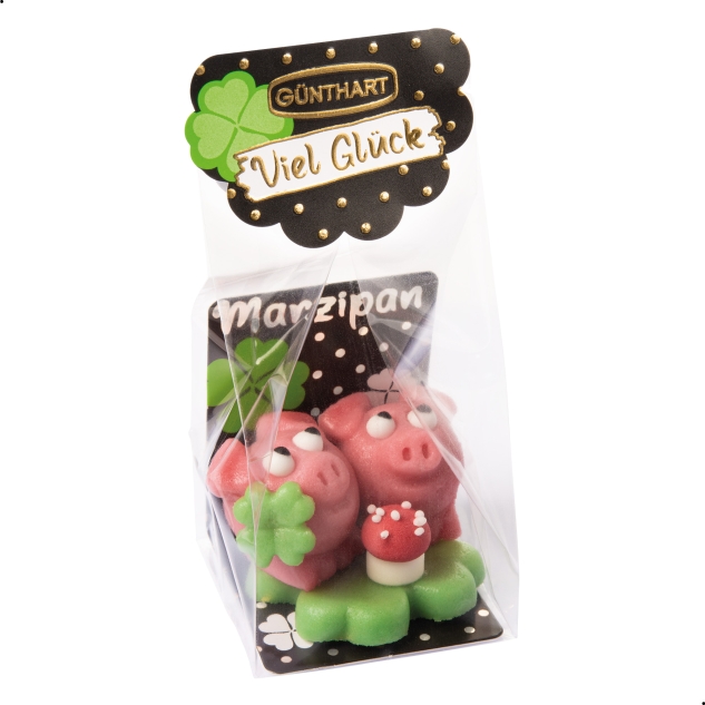 Günthart 15 Marzipan Schweinchen auf Kleeblatt, im Cellophanbeutel 