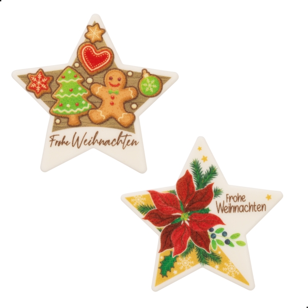 12 Stück Dekor Sterne "Frohe Weihnachten", mit verschiedenen Motiven 