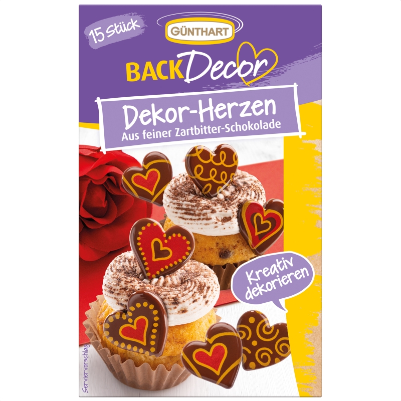 BackDecor 15 Stück Dekor-Herzen aus Zartbitter Schokolade 
